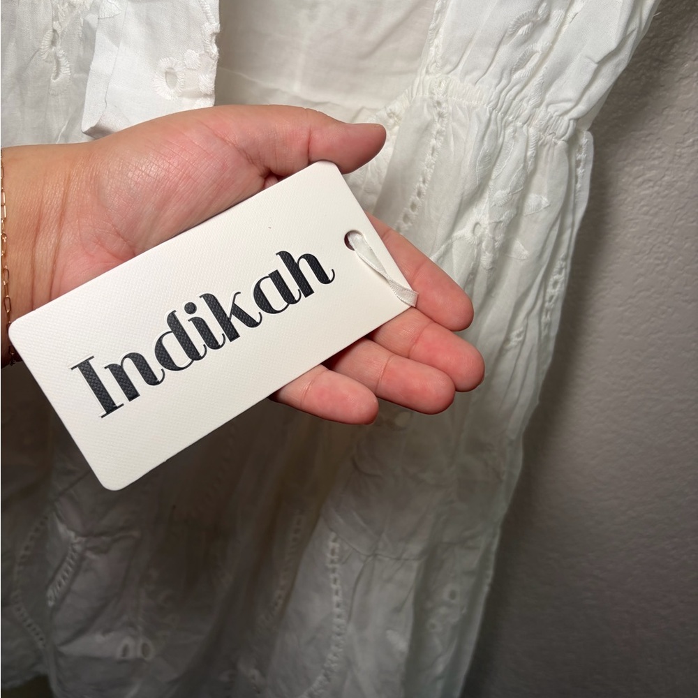 NWT Indikah Tied Back A-Line White Eyelet Mini Dress Large Boho Party Event - Picture 9 of 14